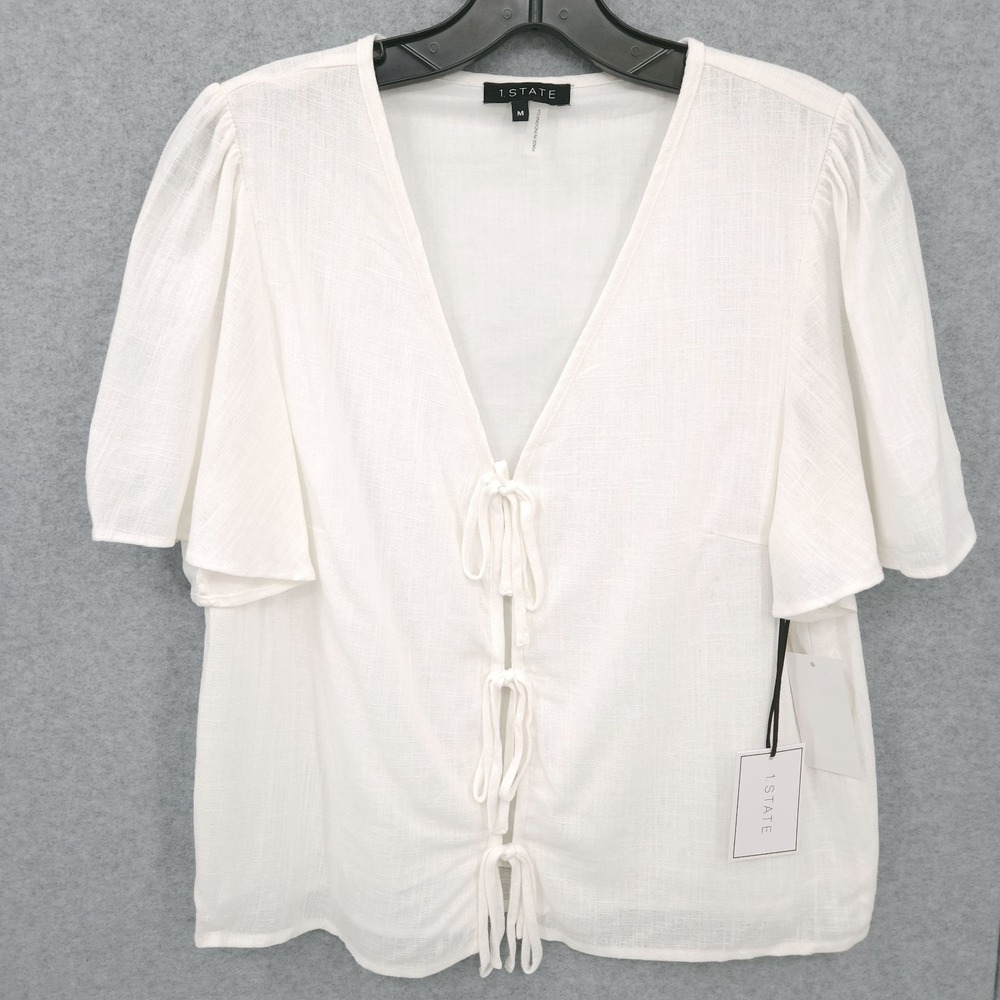 1. State Flutter Short Sleeve V Neck Aura Glow Ultra White Top Womens Size L NWT
